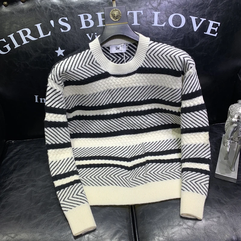 男士条纹长袖毛衣春秋冬时尚潮牌宽松圆领套头针织打底毛衫休闲帅