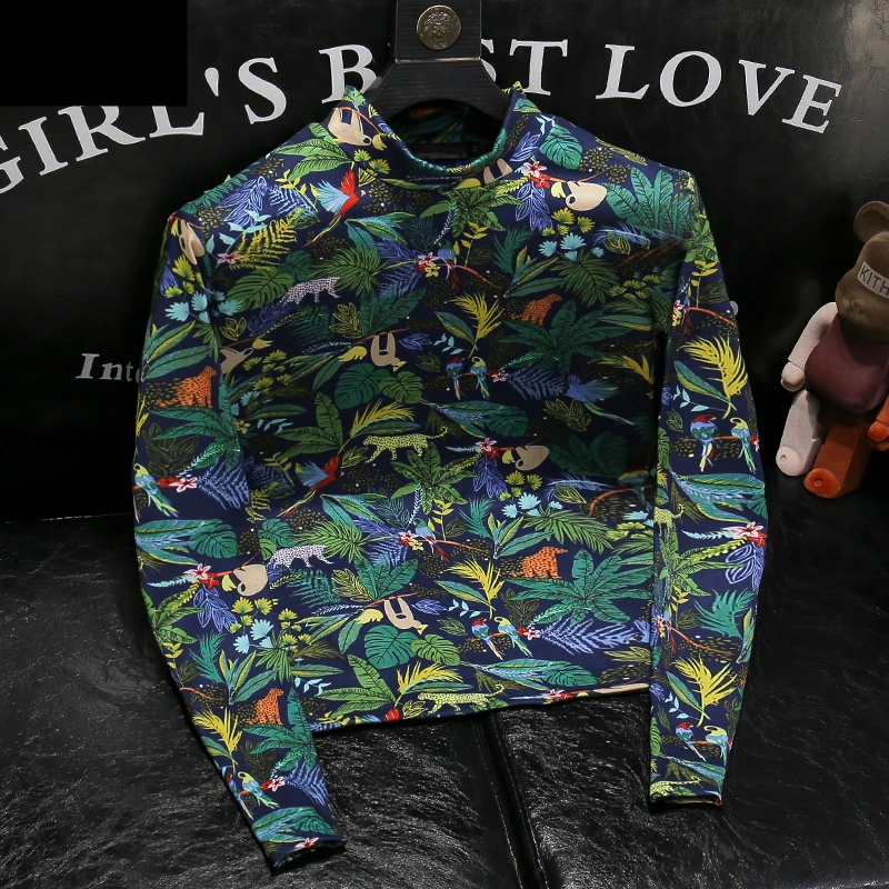 花色半高领长袖t恤男士春秋款轻奢高级感修身薄款时尚百搭印花t恤