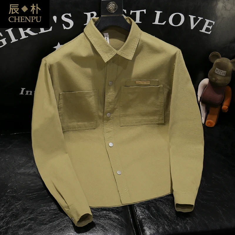 绿色长袖衬衫男士春春秋新款青年百搭潮牌翻领工装休闲衬衣外套