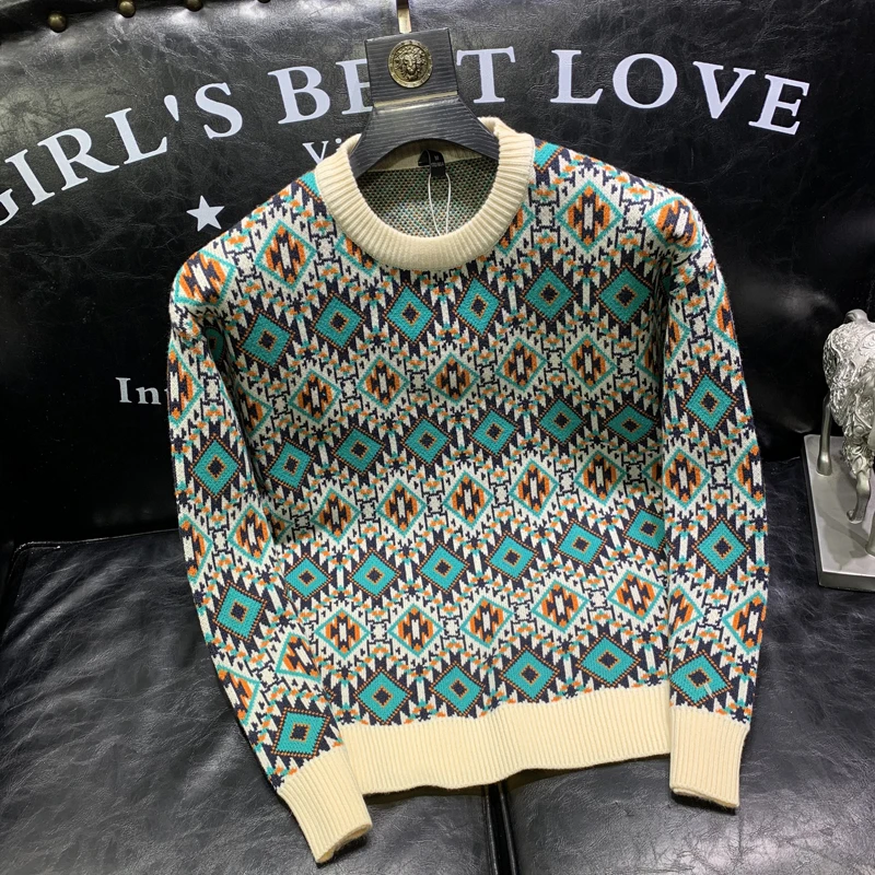 男士圆领提花格子长袖毛衣春秋冬时尚潮牌高品质针织打底毛衫百搭