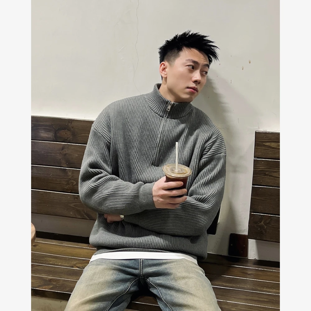 YIHAO STUDIO男士百搭半拉链毛衣纯色休闲百搭立领针织衫