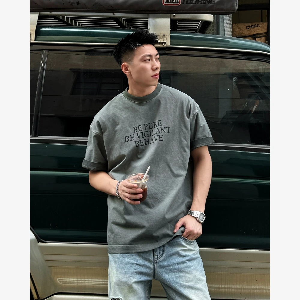 YIHAO STUDIO原创潮牌男士水洗英文T恤宽松百搭重磅圆领短袖半袖