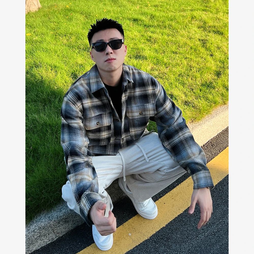 YIHAO STUDIO春季男士复古格子衬衫潮流宽松百搭长袖衬衣外套