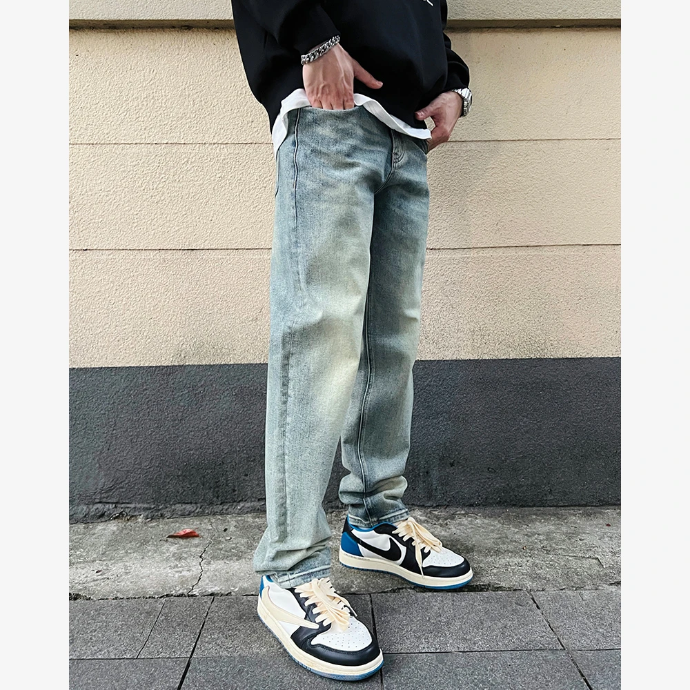 YIHAO STUDIO秋季男款直筒牛仔裤高端休闲百搭宽松长裤水洗做旧