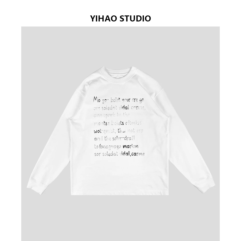 YIHAO STUDIO春季男士纯棉英文长袖T恤百搭休闲宽松运动衫