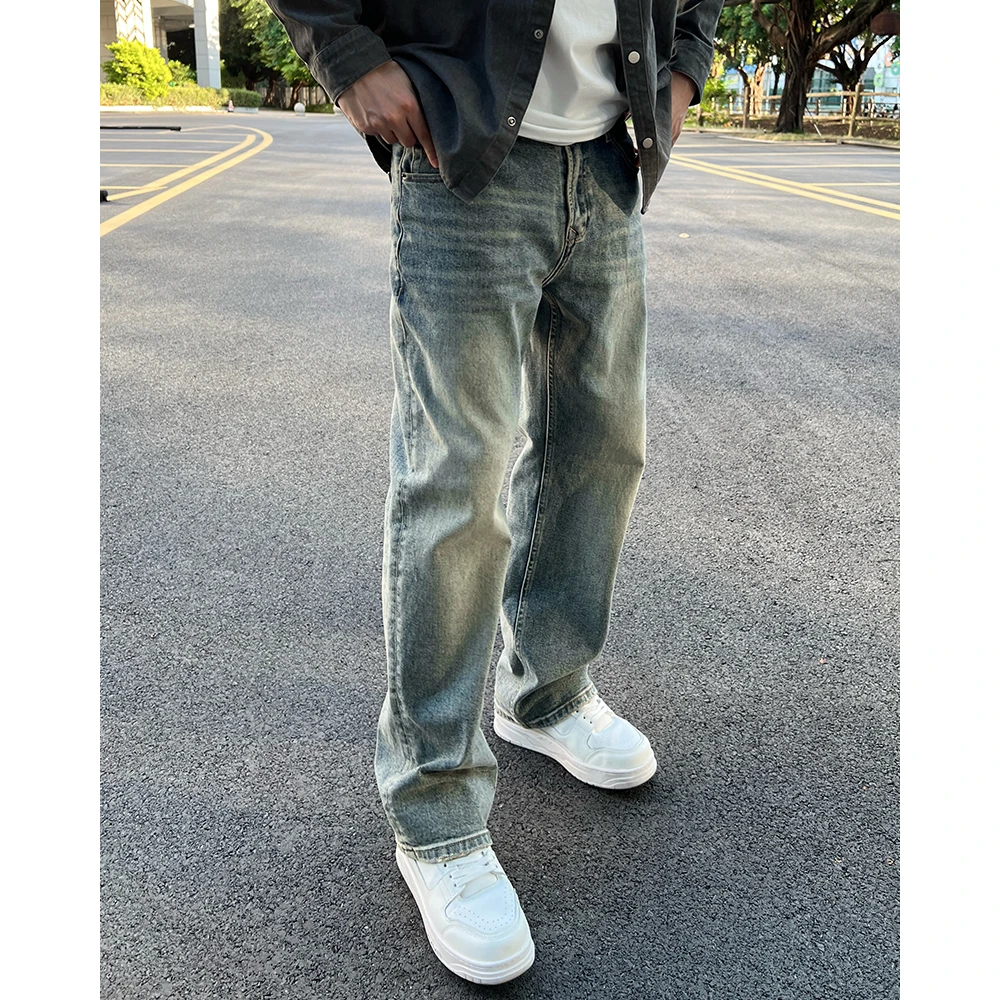 YIHAO STUDIO春季男士牛仔裤美式休闲直筒宽松长裤水洗做旧复古