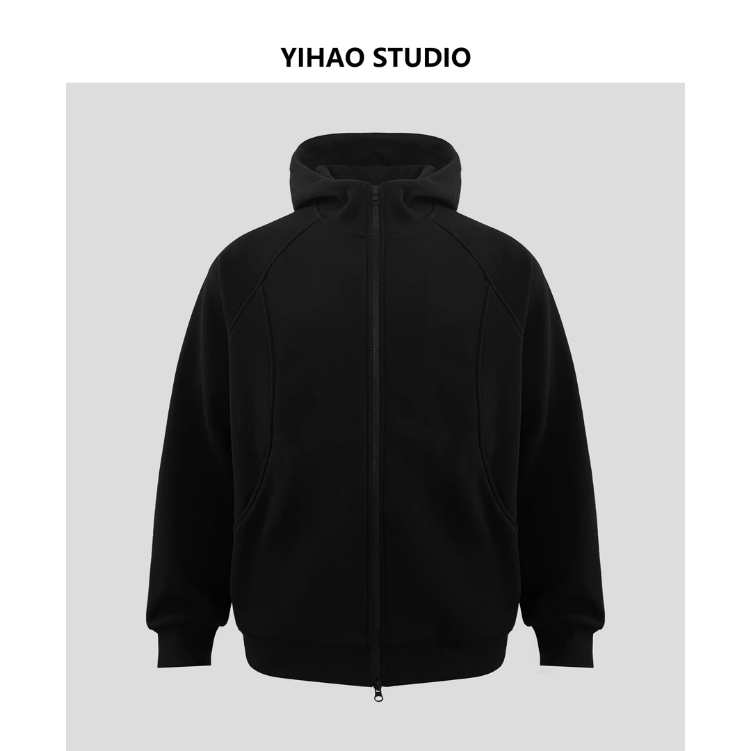 YIHAO STUDIO秋冬新品男款加绒加厚拉链卫衣休闲保暖连帽运动衫