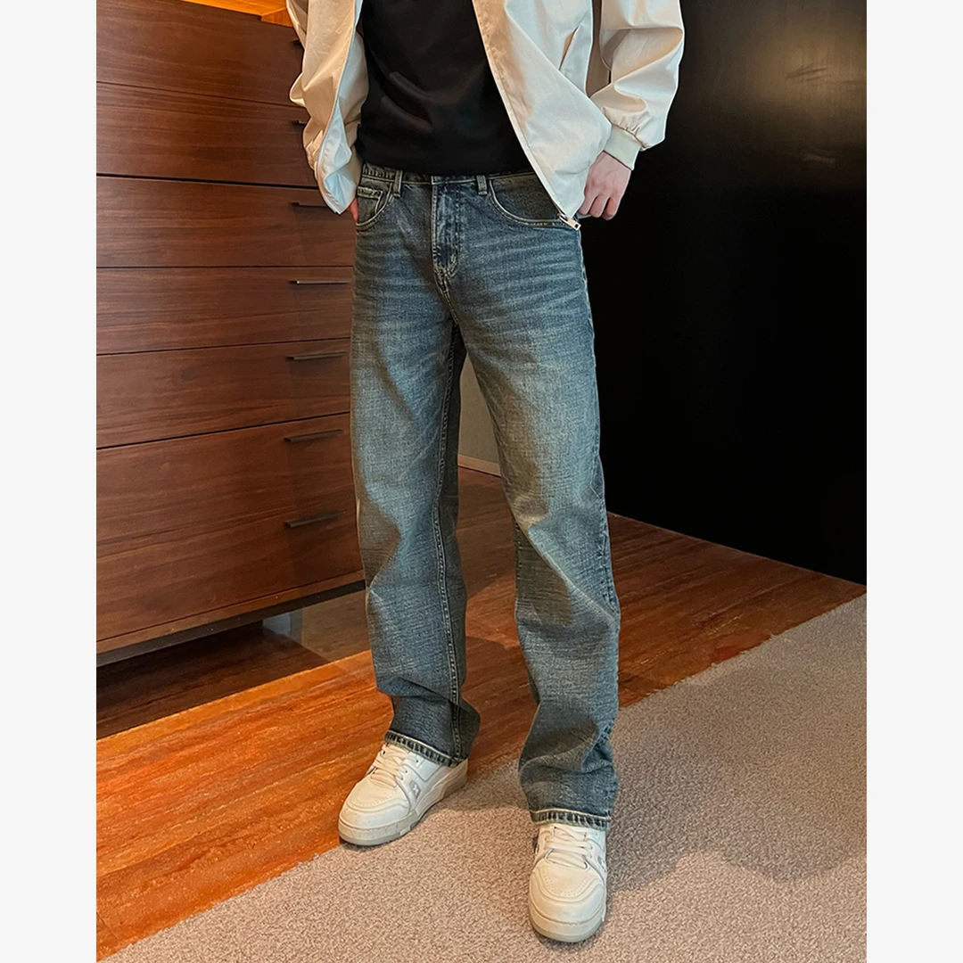 YIHAO STUDIO春季男士牛仔裤宽松休闲百搭水洗做旧美式直筒长裤