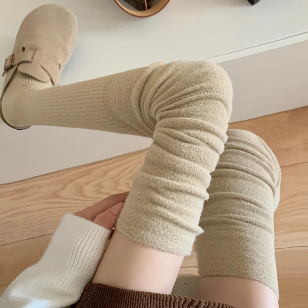 秋冬JK过膝袜保暖加毛绒拼接高筒堆堆袜奶白色雪地长靴袜女百搭xy