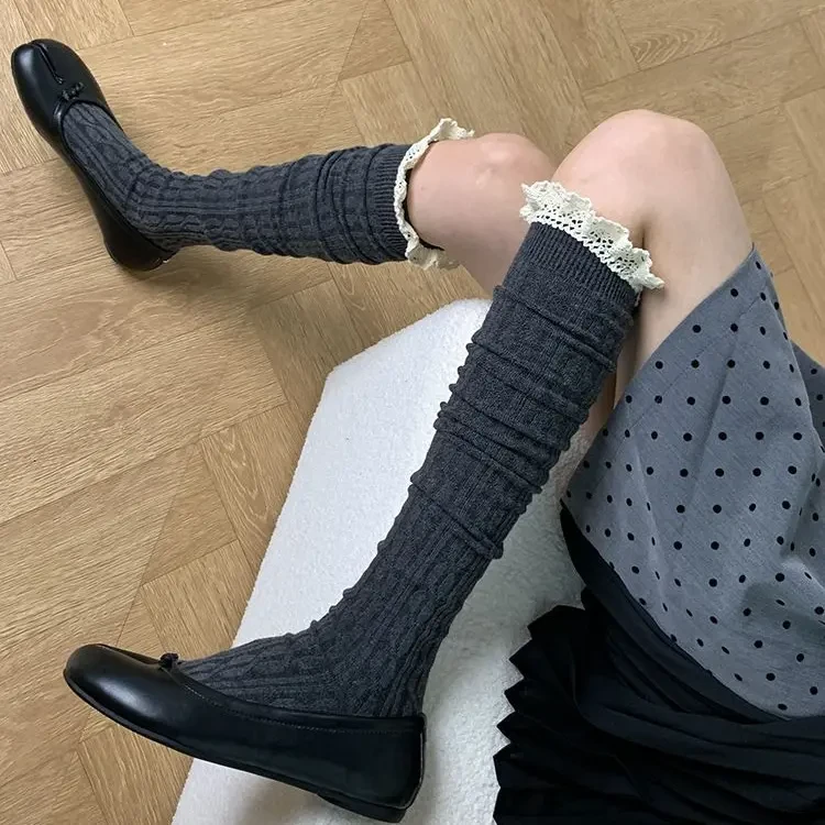 秋冬加厚麻花竖条纹堆堆袜子蕾丝花边小腿袜显瘦灰色过膝YYK