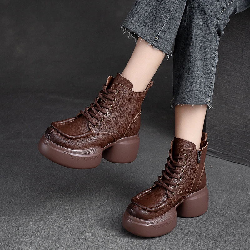 89568真皮厚底英伦风秋冬时尚百搭复古粗跟系带秋季加绒马丁靴