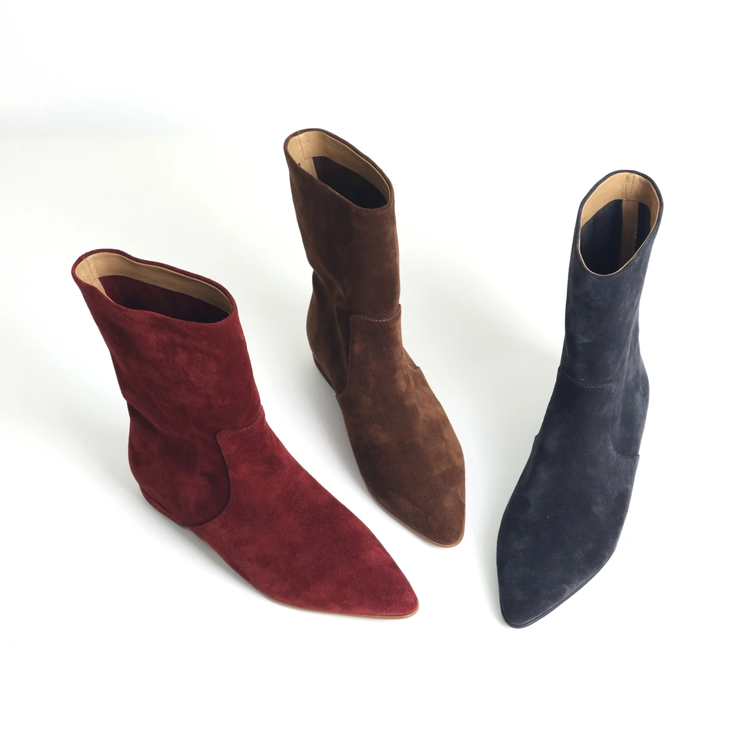 时尚显瘦牛皮复古短靴女单靴粗跟法式时装靴尖头西部牛仔靴933A-1