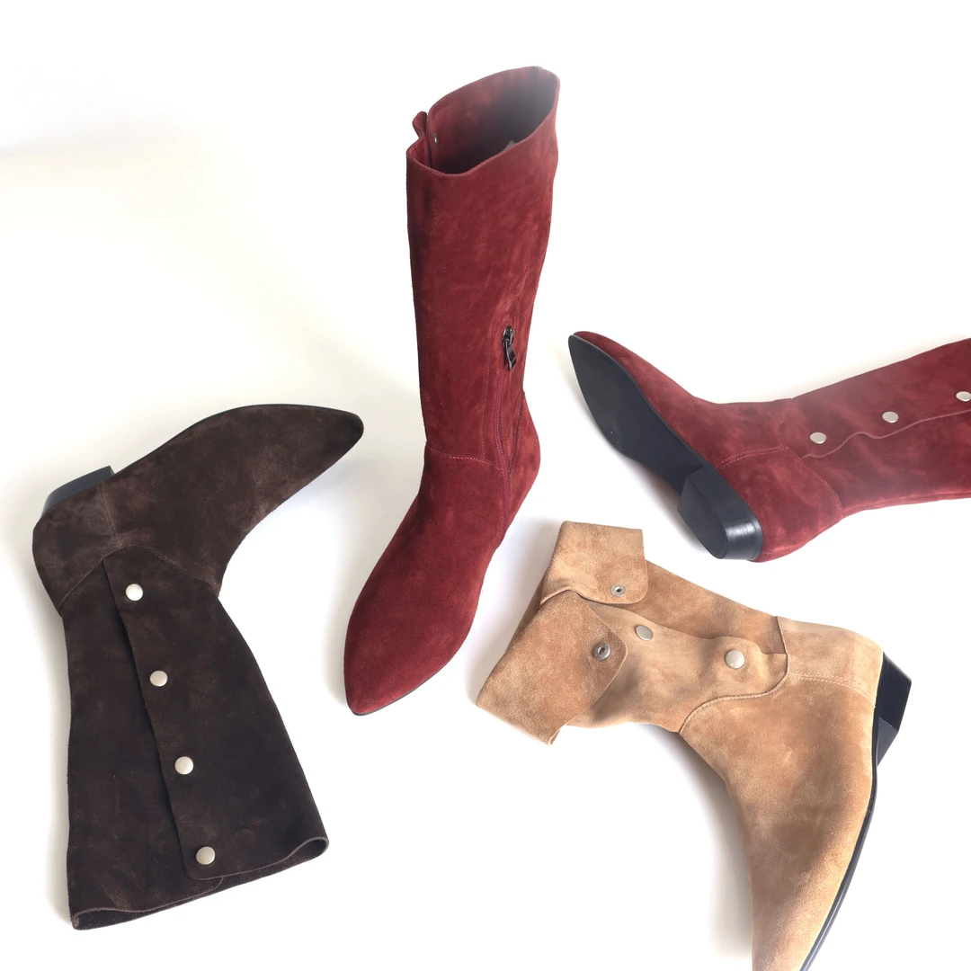 尖头中筒拉链西部牛仔靴牛皮瘦瘦骑士靴短筒旅游堆堆靴女3918-1