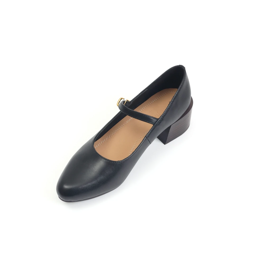 望前~气质优雅牛皮浅口一字扣带单鞋百搭中跟玛丽珍皮鞋女3563-5