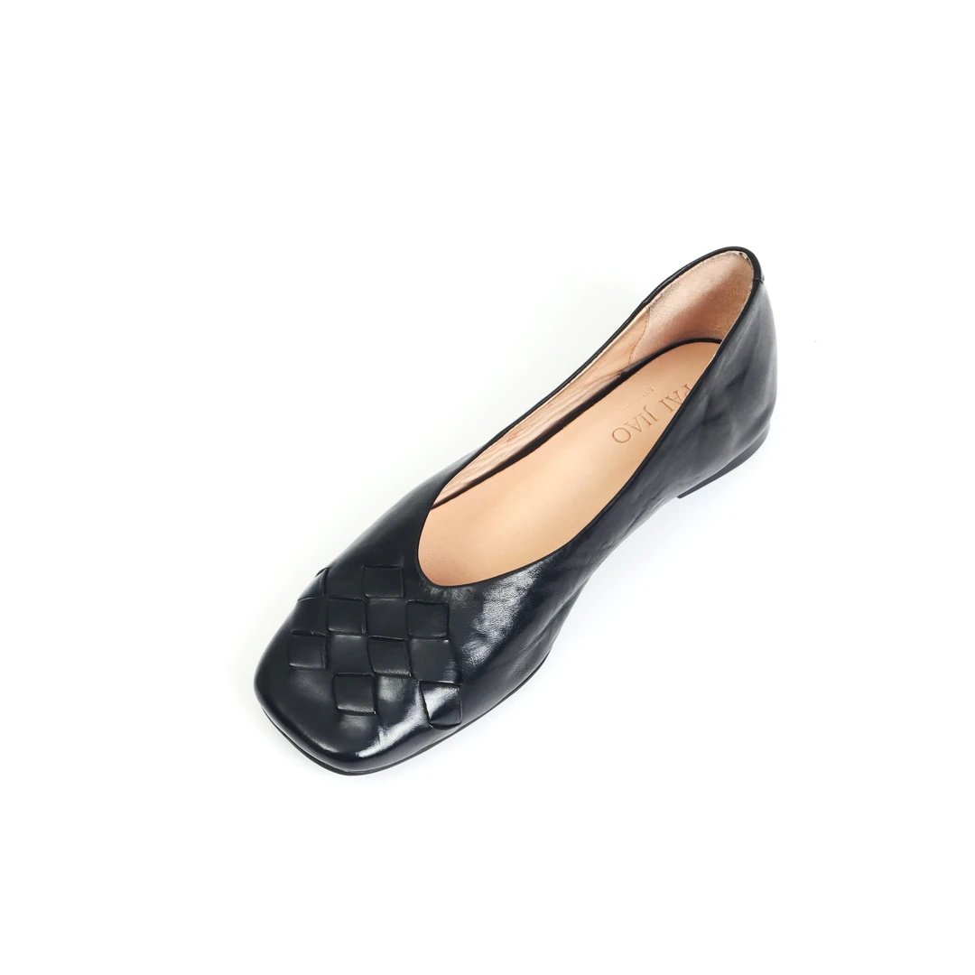 望前~马皮方头编织四季单鞋女平底舒适浅口奶奶鞋0925-1