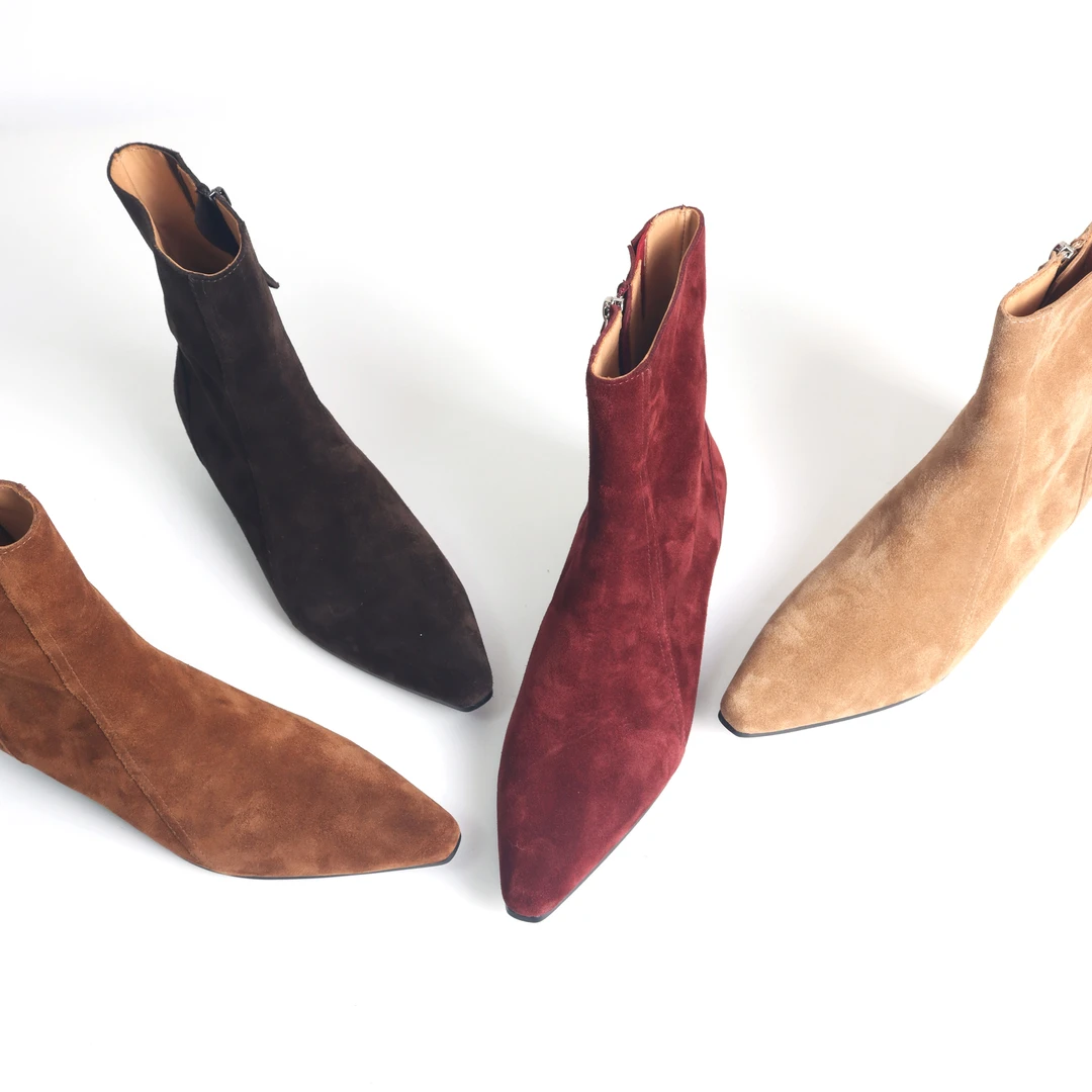 法式尖头平底短靴女新款低跟套筒牛皮复古宽口中筒靴2718-1