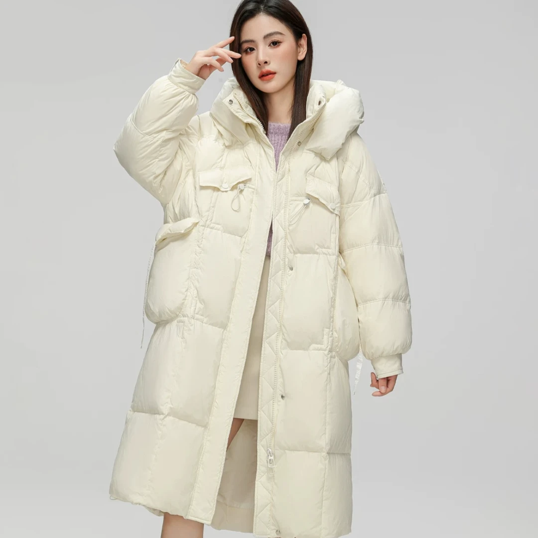 【422】冬季新款气质女款休闲宽松中长款连帽加厚保暖羽绒服女士