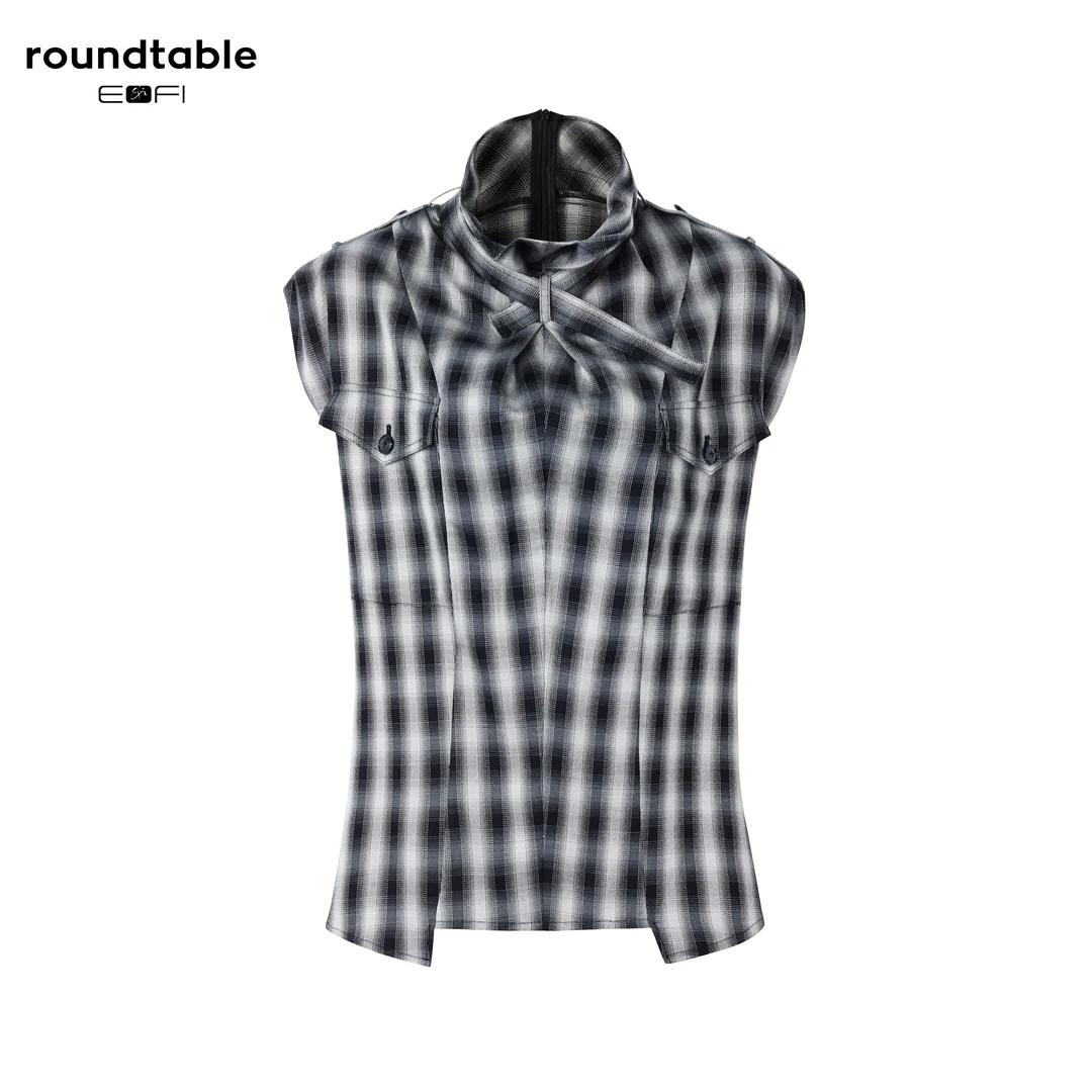 时尚休闲设计师黑白小格子立裁女士无袖上衣 FFW3406259