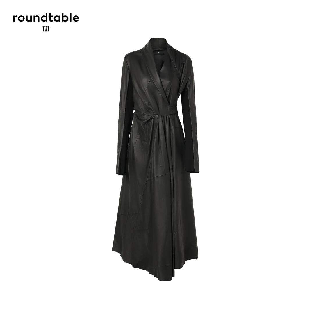 TTT 收腰系带长款真皮修身黑色轻奢皮衣中长款外套 T1932LT04T