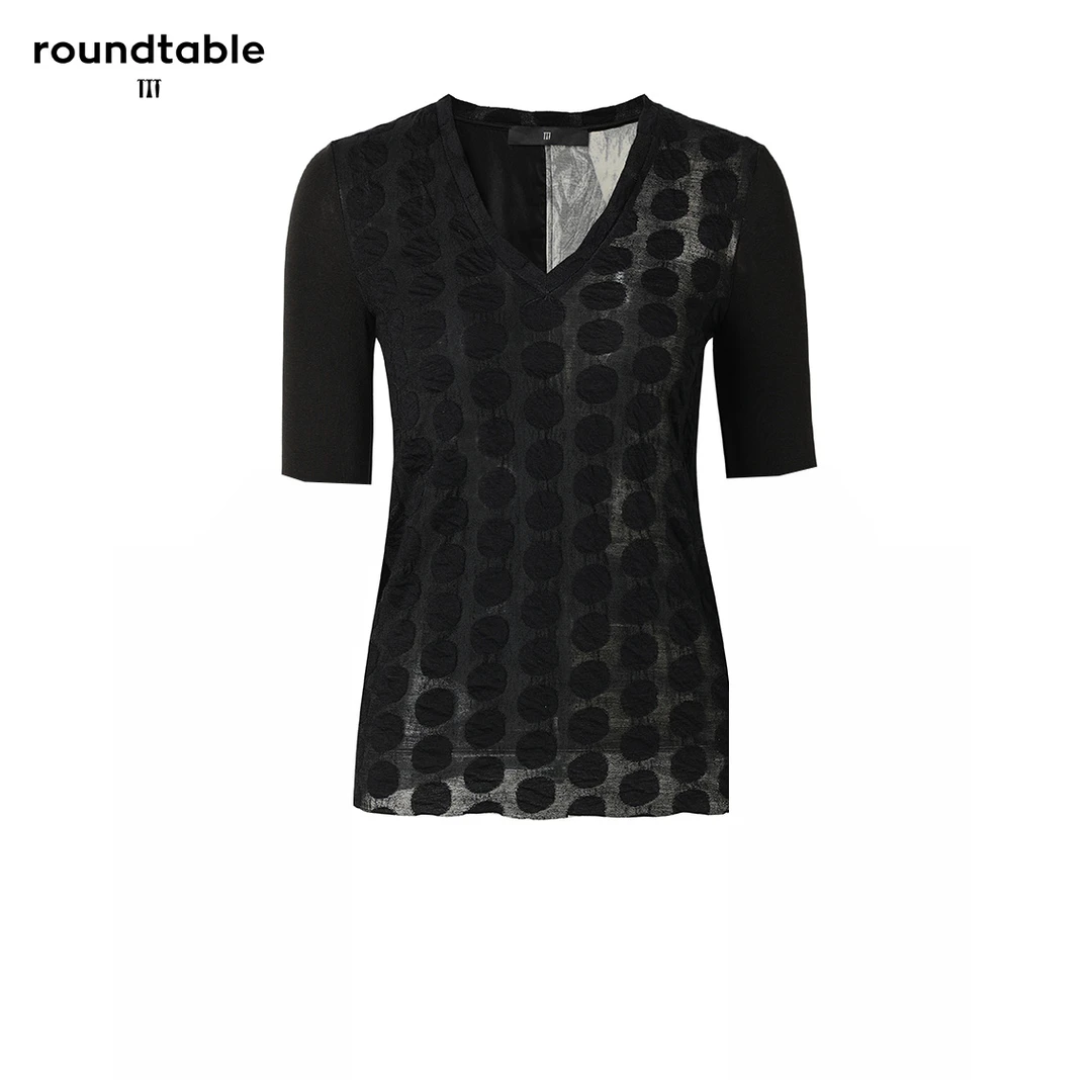 气质时尚休闲设计师百搭透气弹力波点拼接黑色V领上衣TEW3405583