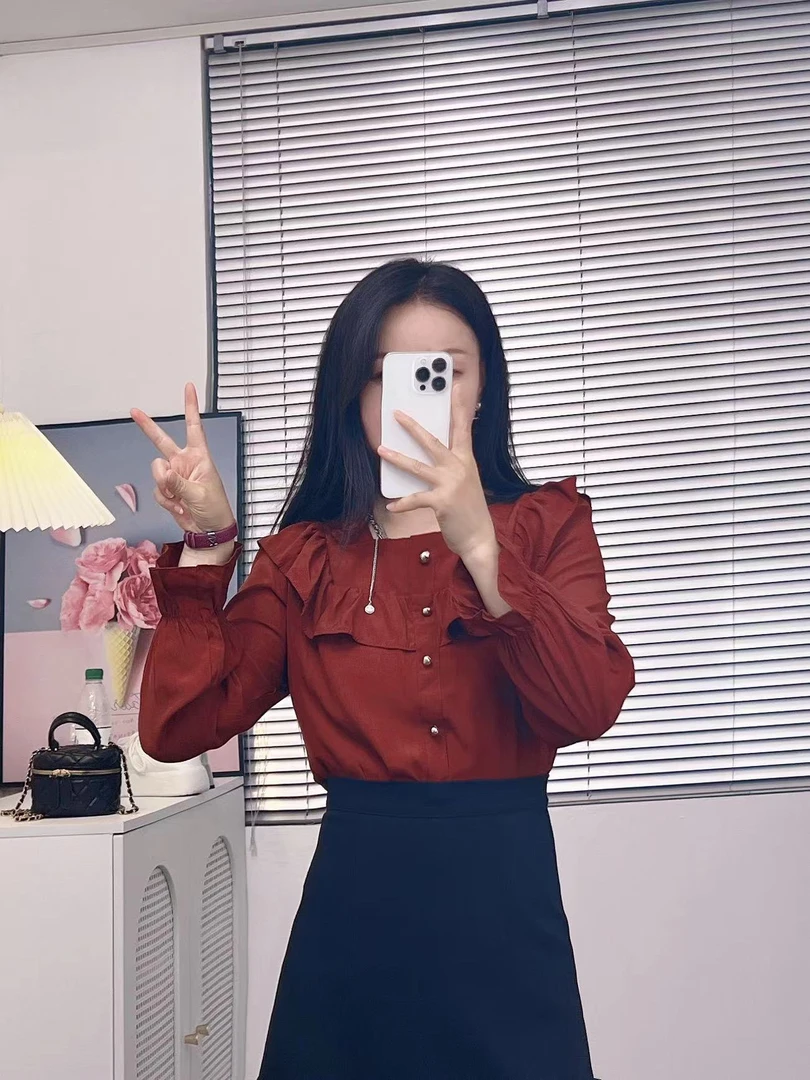 F10089新款春秋衬衫显瘦气质洋气设计感木耳边小众上衣长袖衬衫