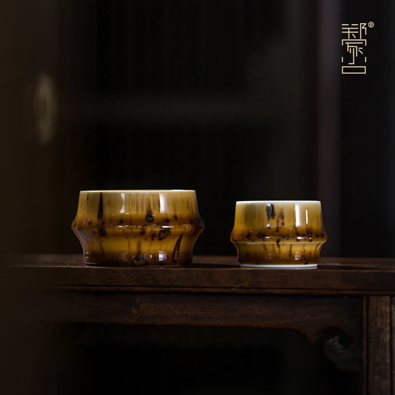 郑家小口湘妃瓷陶瓷罗汉节杯立竹节于正中造型镇场霸气茶杯家用