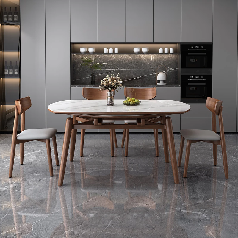 岩板餐桌椅组合现代简约北欧多功能家用小户型圆形可伸缩饭桌