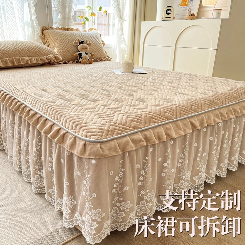 床裙床笠二合一牛奶珊瑚绒夹棉床罩款床单单件带裙边床盖床围裙罩