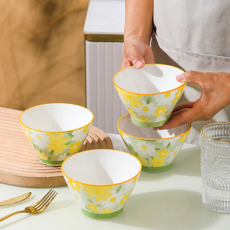 【A031】清新小雏菊5英寸斗笠碗6个装面陶瓷餐具家用个性釉下彩