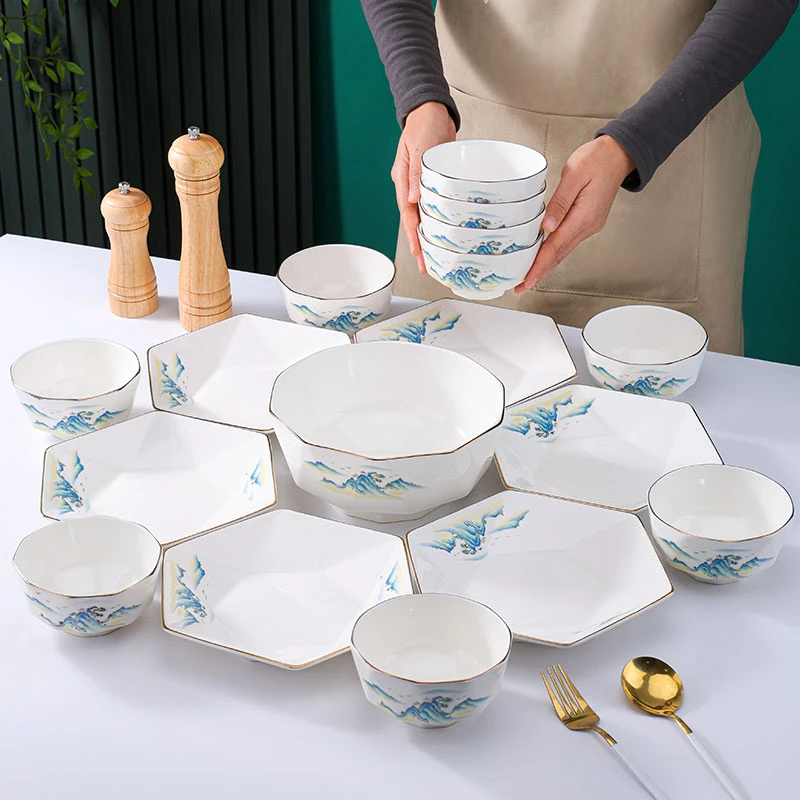 江山如画6六角盘1汤碗10个米饭碗餐具碗盘套装乔迁新居餐具