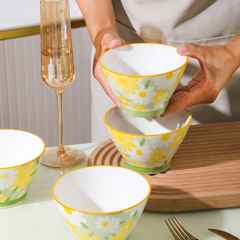 清新小雏菊5英寸斗笠碗6个装面陶瓷餐具家用个性釉下彩【文韵】