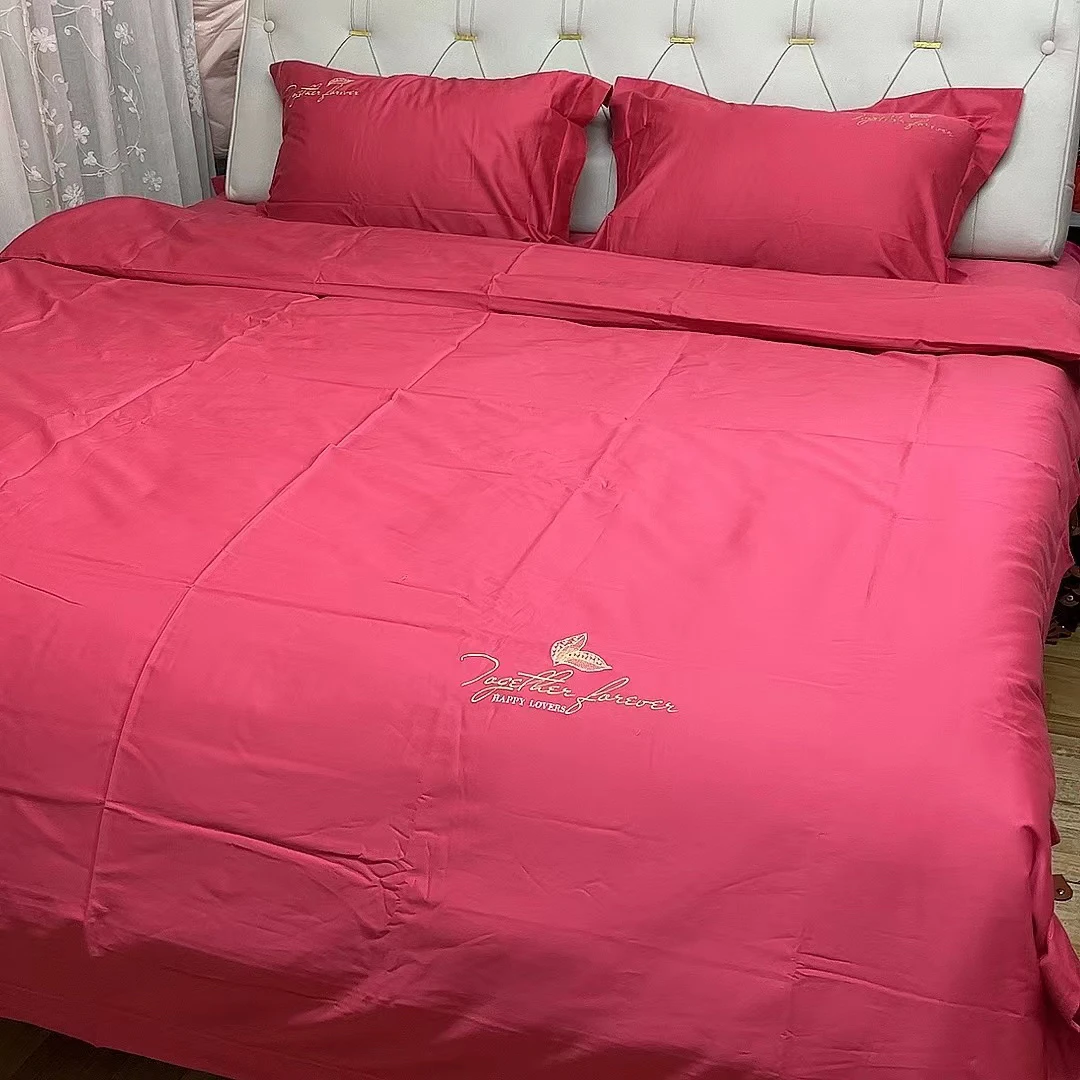 薄款纯色纯棉100支纱刺绣款床笠四件套