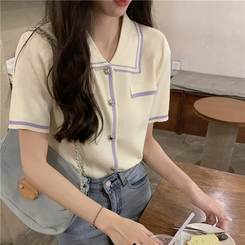 法式撞色冰丝polo领短袖T恤针织开衫薄款温柔小香风独特上衣女夏
