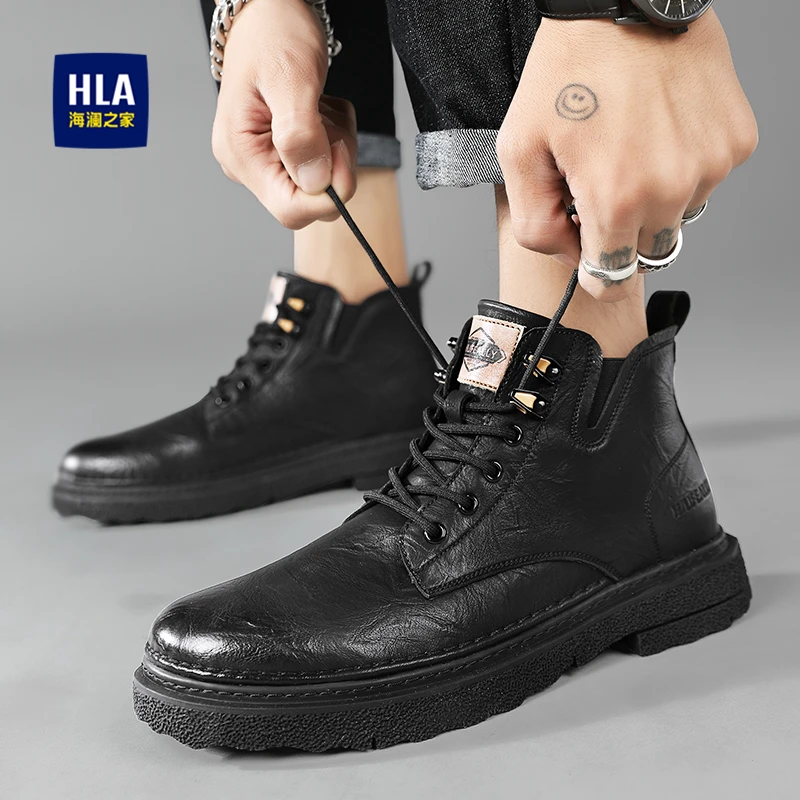 HLA/海澜之家马丁靴男工装靴复古英伦风潮流厚底6孔男靴百搭高帮