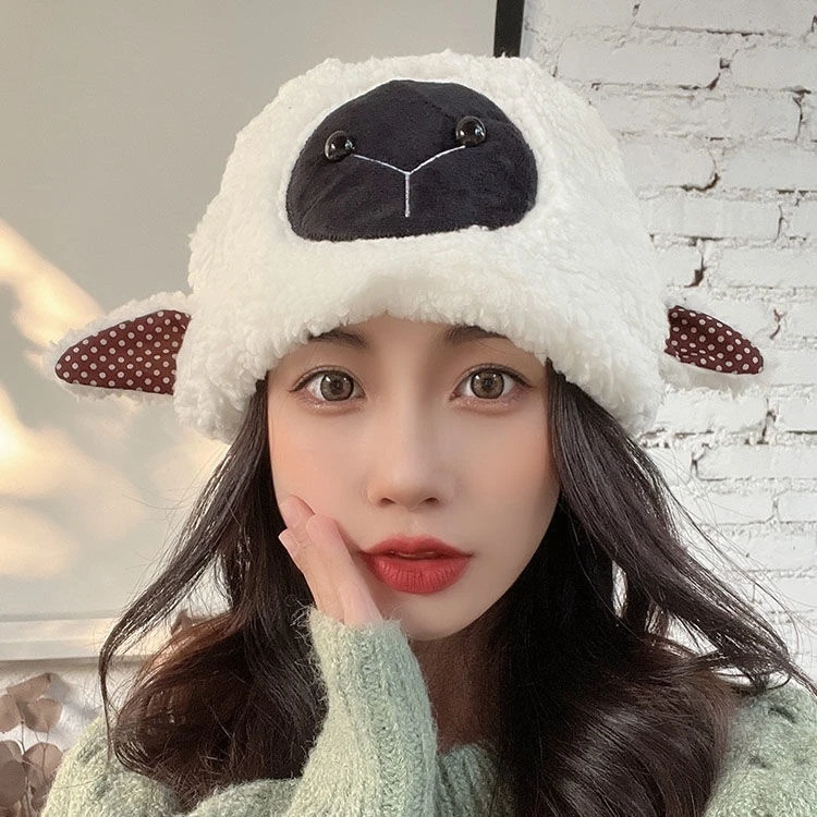 小羊帽女秋冬季保暖护耳毛绒绒包头帽子可爱百搭新款卡通包头帽子