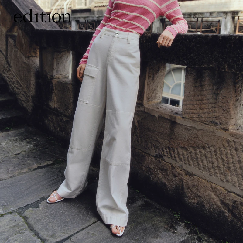 edition牛仔裤女秋款白色帅气工装风休闲纯棉阔腿长裤#EBC3JEN019