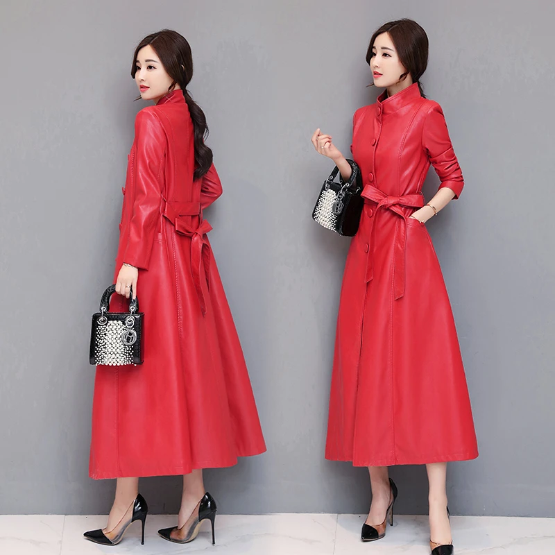 2025春秋新款海宁欧洲站皮衣女长款过膝修身显瘦皮外套时尚