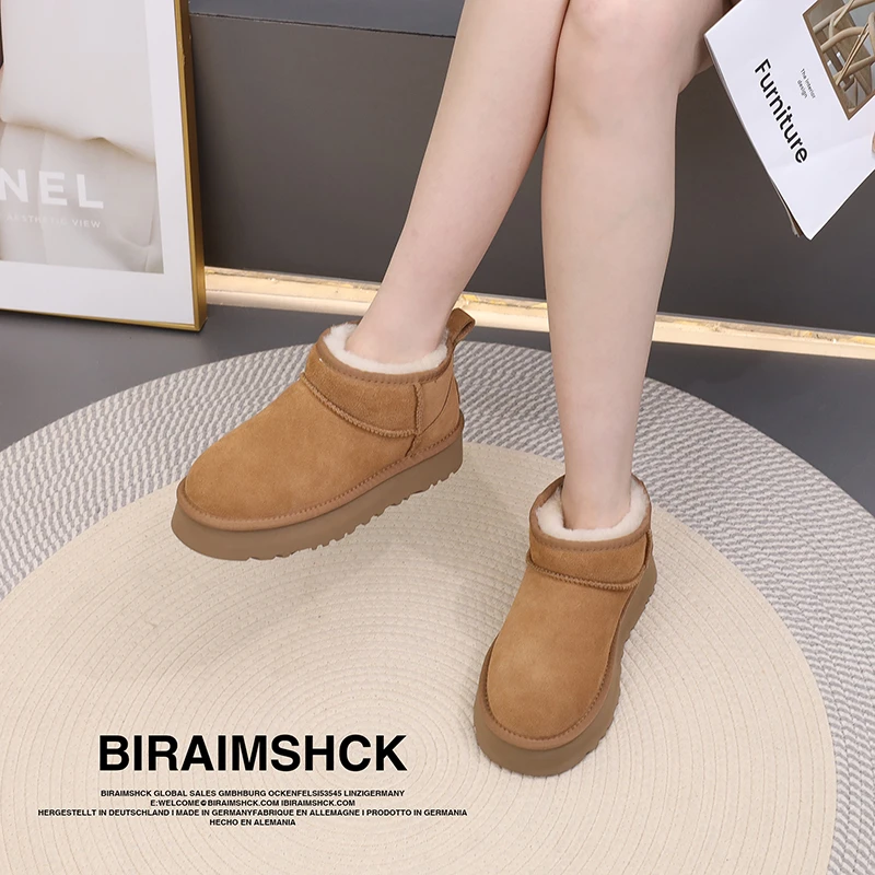 桑坡秋季新款女士休闲舒适平底纯色时尚百搭经典真牛皮雪地靴666