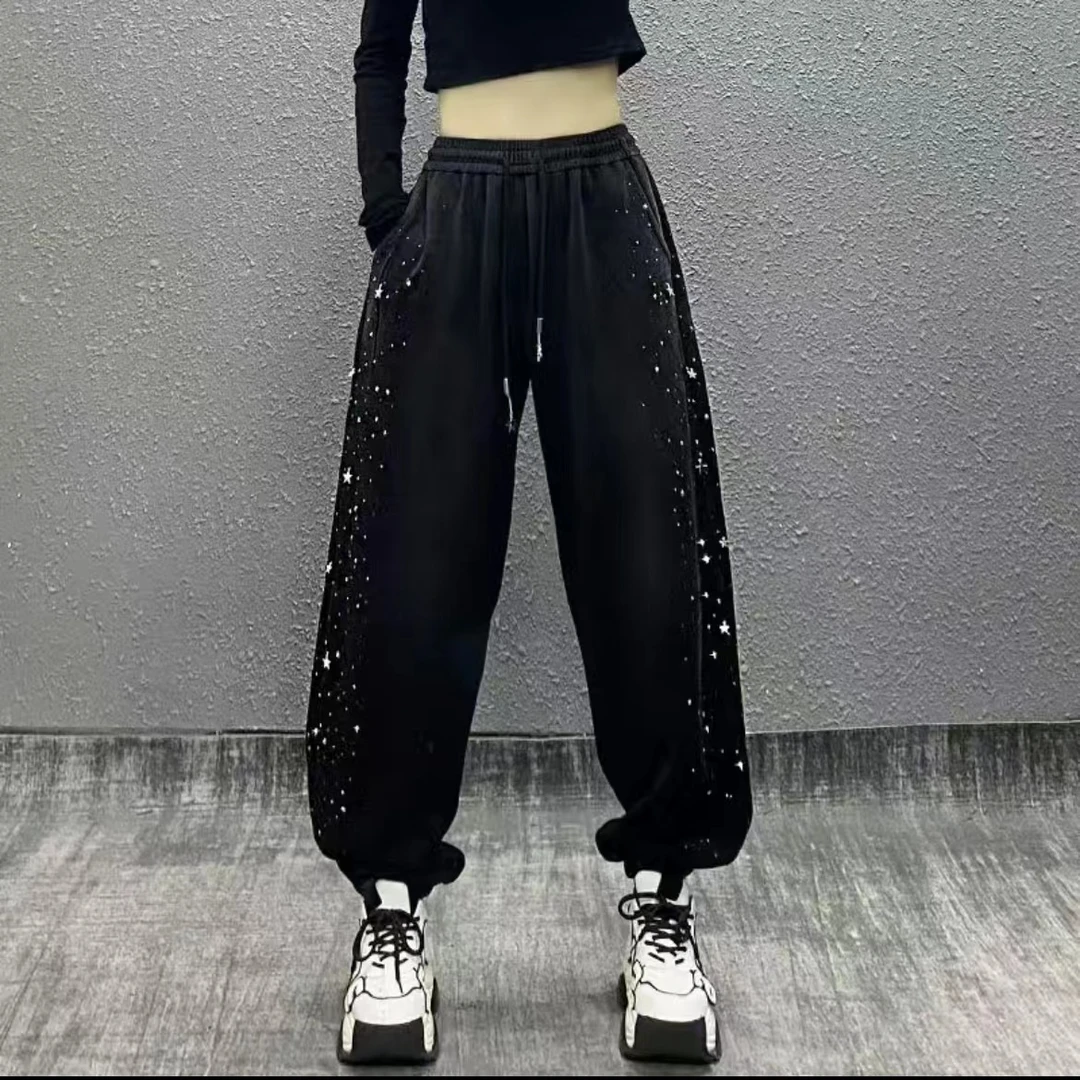 2024春夏新款卫裤满天星烫钻束脚裤男女同款大版体闲宽松百搭裤子