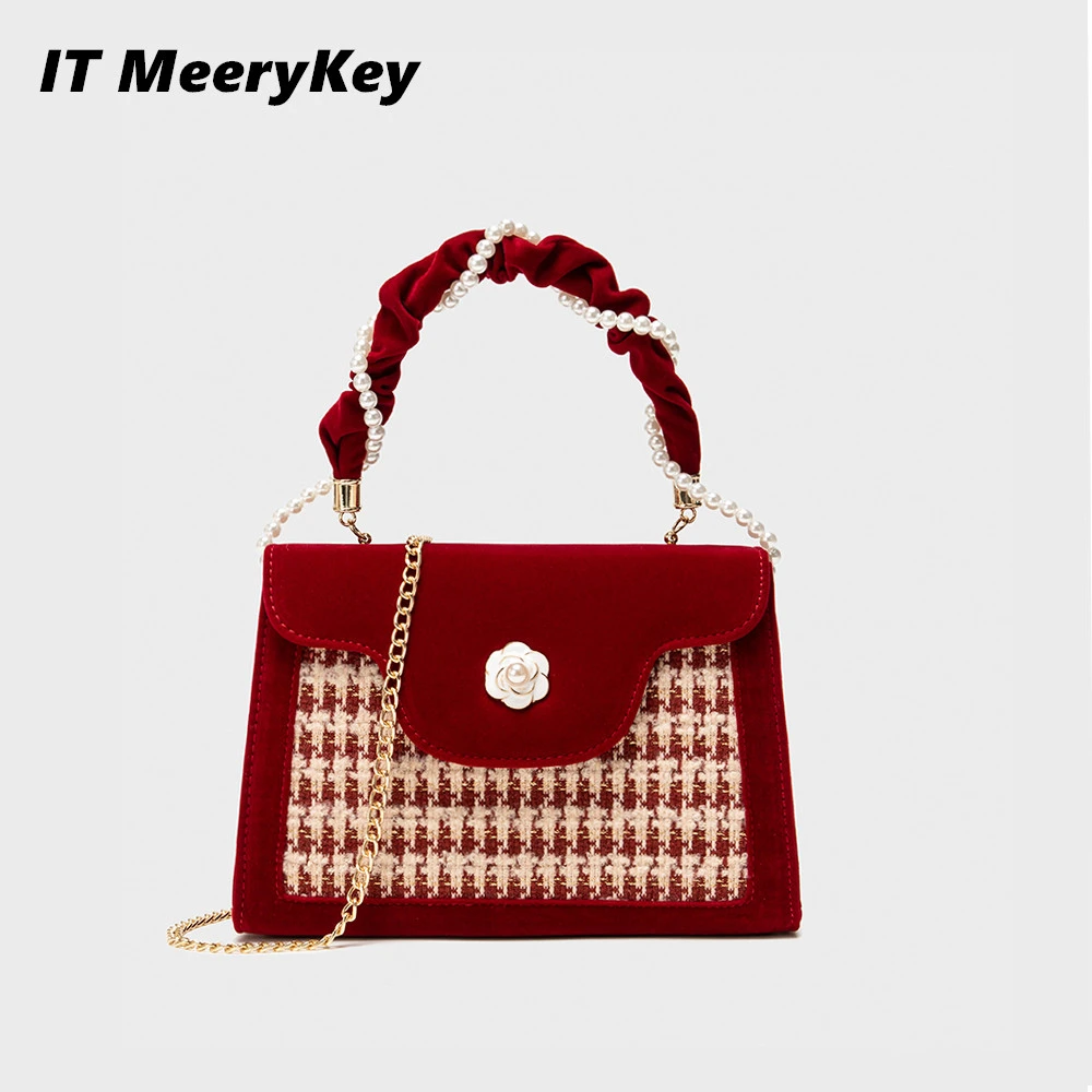 千鸟格复古红色丝绒婚包单肩斜挎小方包高级感手提新娘包新年礼物