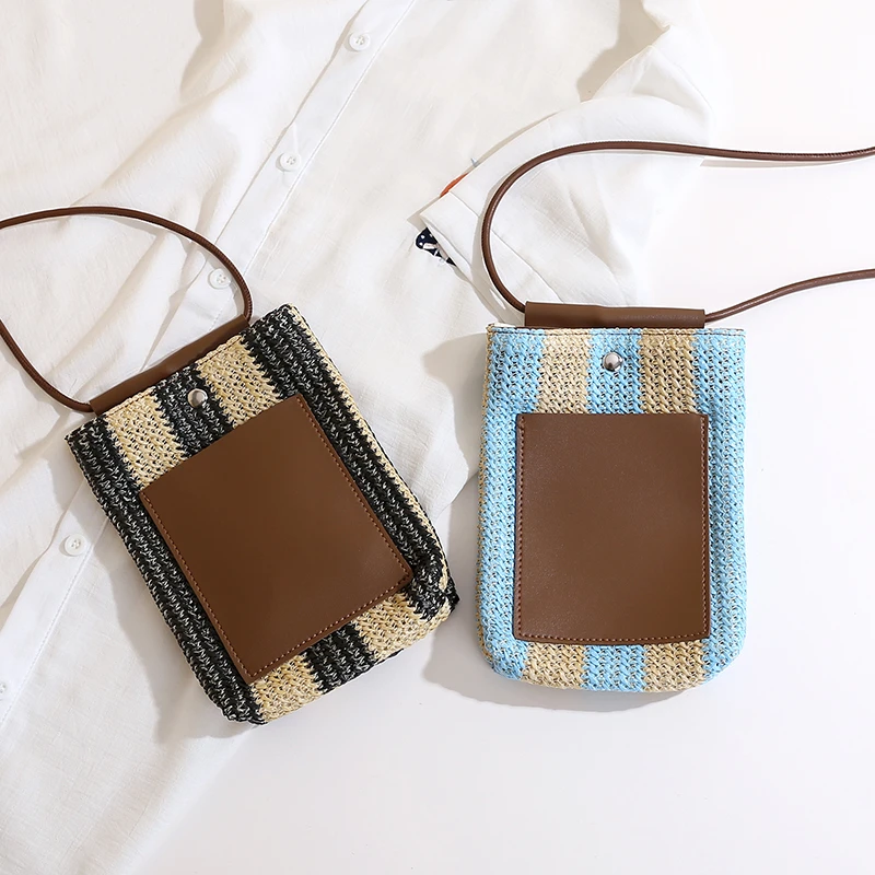 25年春夏新款草编手机包法国小众拼接棕色简约高级感度假风斜跨包