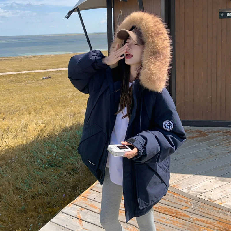 大毛领派克服羽绒服短款冬季新款韩系宽松工装90白鸭绒外套男女