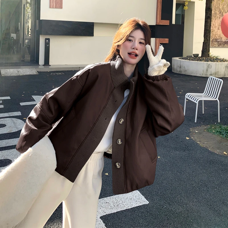 蛋白皮衣羽绒服女2025冬季新款复古美拉德咖色针织拼接白鸭绒外套