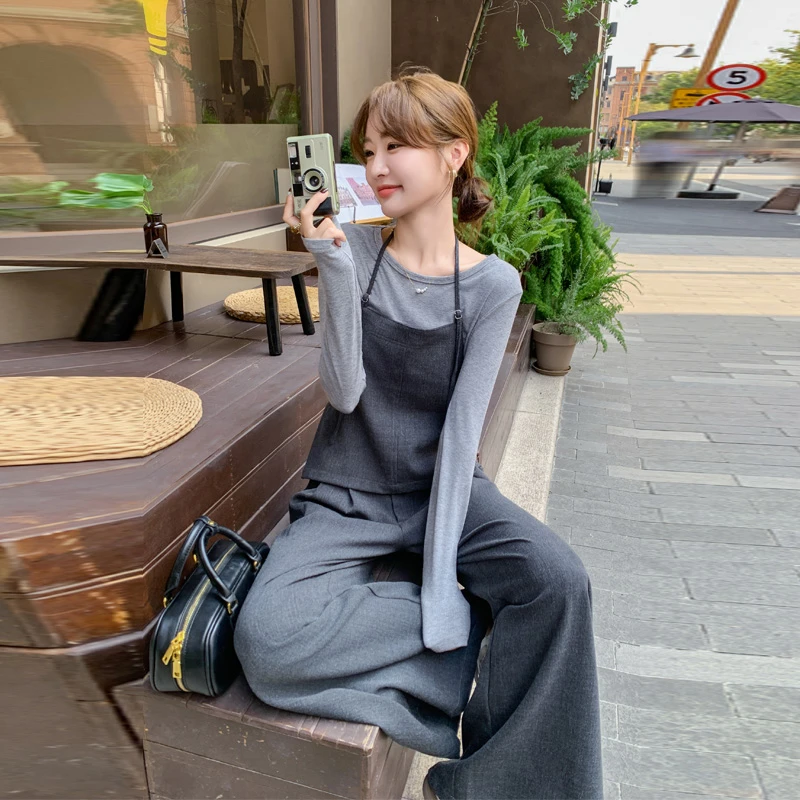 韩系入秋搭配一整套2024时尚套装省心穿搭吊带背心阔腿裤三件套潮