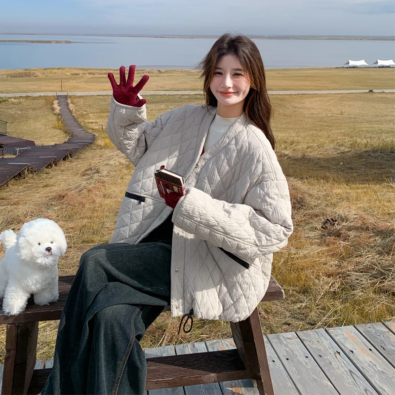 菱形格棉服外套女2024冬季新款韩系穿搭氛围感温柔风夹棉加厚棉衣