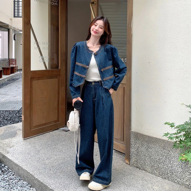 牛仔套装裤女2024初秋新款时尚复古港风设计感短外套阔腿裤两件套