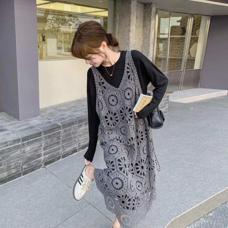松弛感一整套入秋穿搭2024新款韩系慵懒风镂空针织吊带罩衫连衣裙