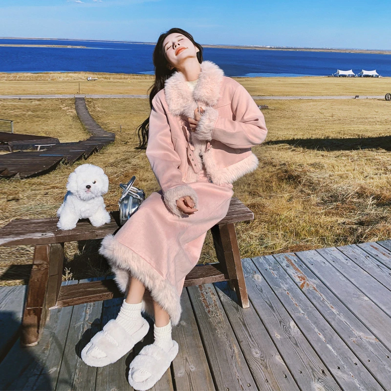 财阀千金风毛绒套装裙女2024冬季新款气质法式高级感名媛风两件套