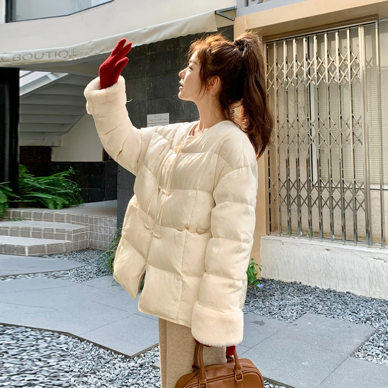 新中式提花羽绒服女2024冬季新款甜美氛围感国风盘扣白鸭绒面包服