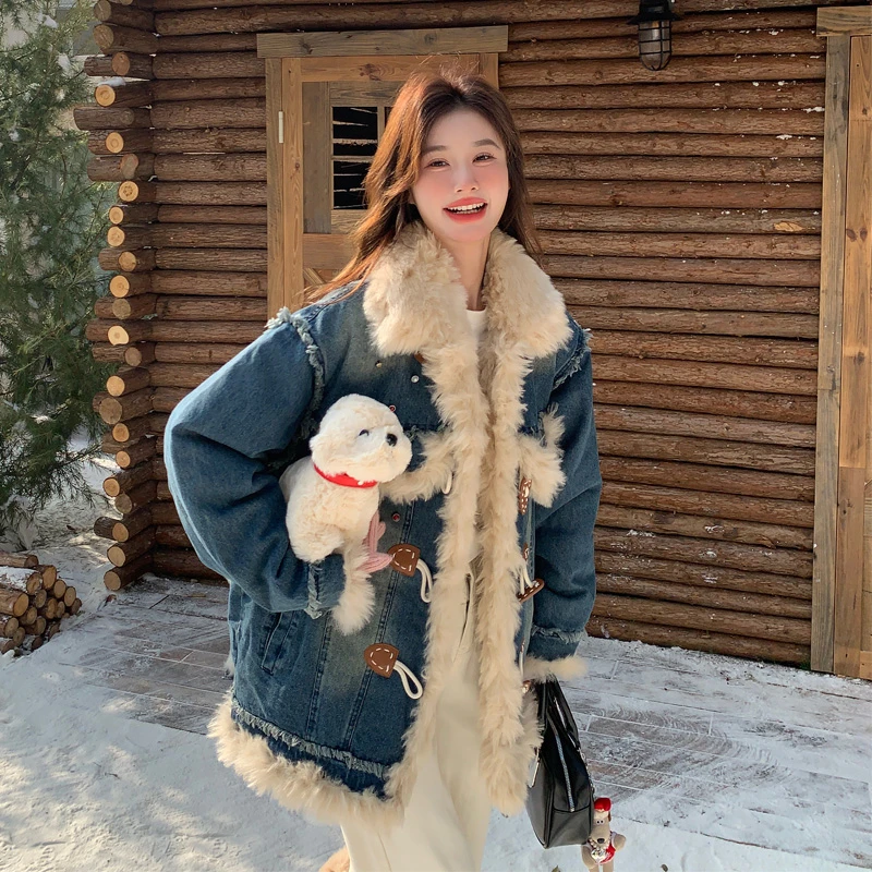 长毛水貂绒牛仔派克服女2024冬季新款复古氛围感甜酷炸街加厚棉服
